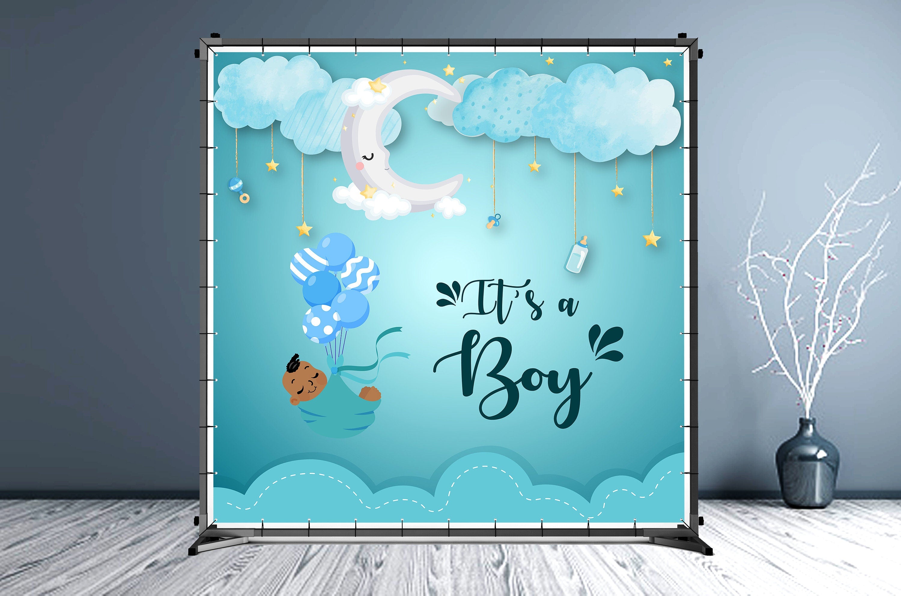 Baby Shower Custom Vinyl Backdrop Blue - Hue Design Group