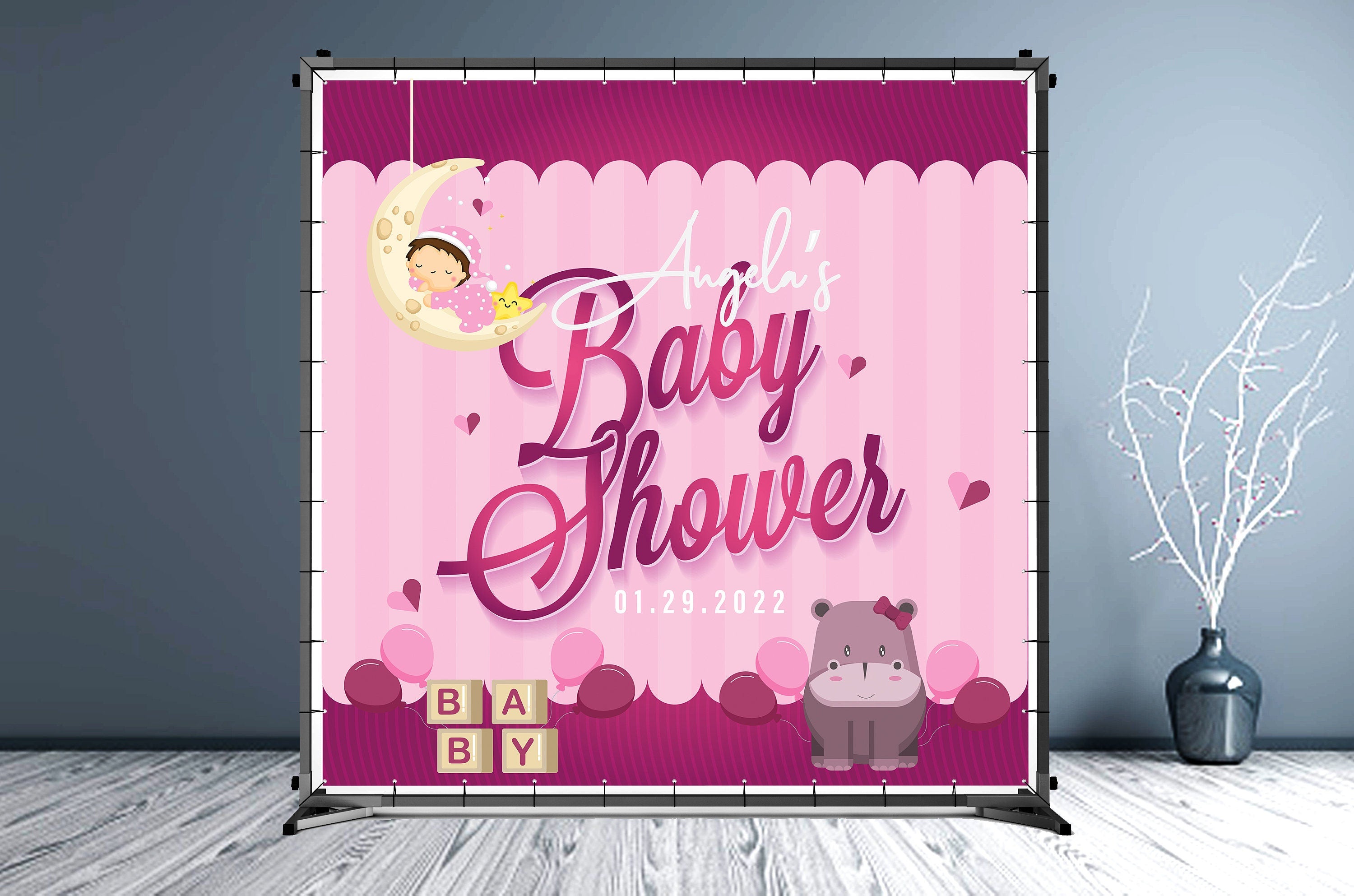 Baby Shower Backdrop, Custom Banner, Girl Hot Pink Birthday Party Event Backdrop with Photo, Birthday Vinyl Booth Background - Hue Design Group