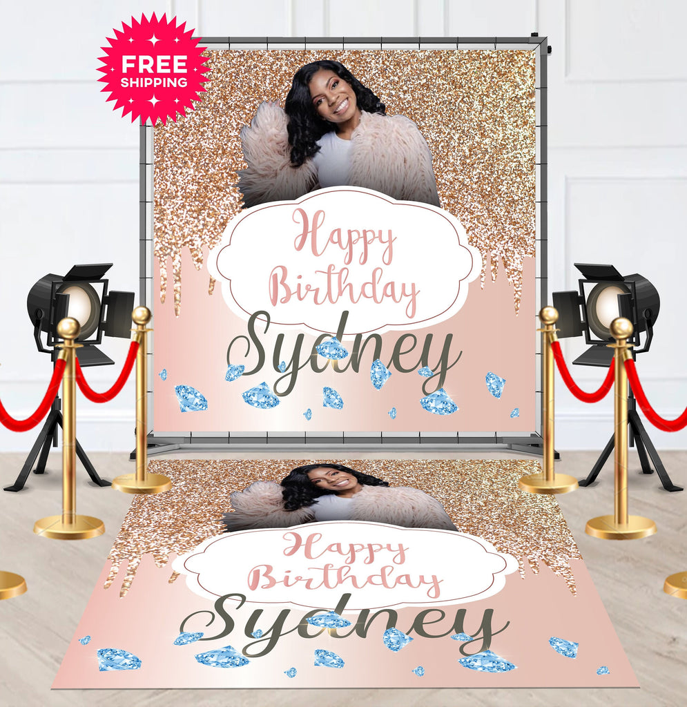 Custom Floor Decal Sticker Removable Photo Mat Happy Birthday Wedding Red shops Carpet Banner Template with Diamonds and Glitter and Hot Pink